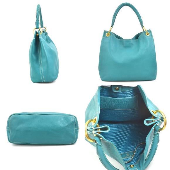 Prada Bag Blue Leather Green Shoulder - Picture 1 of 5